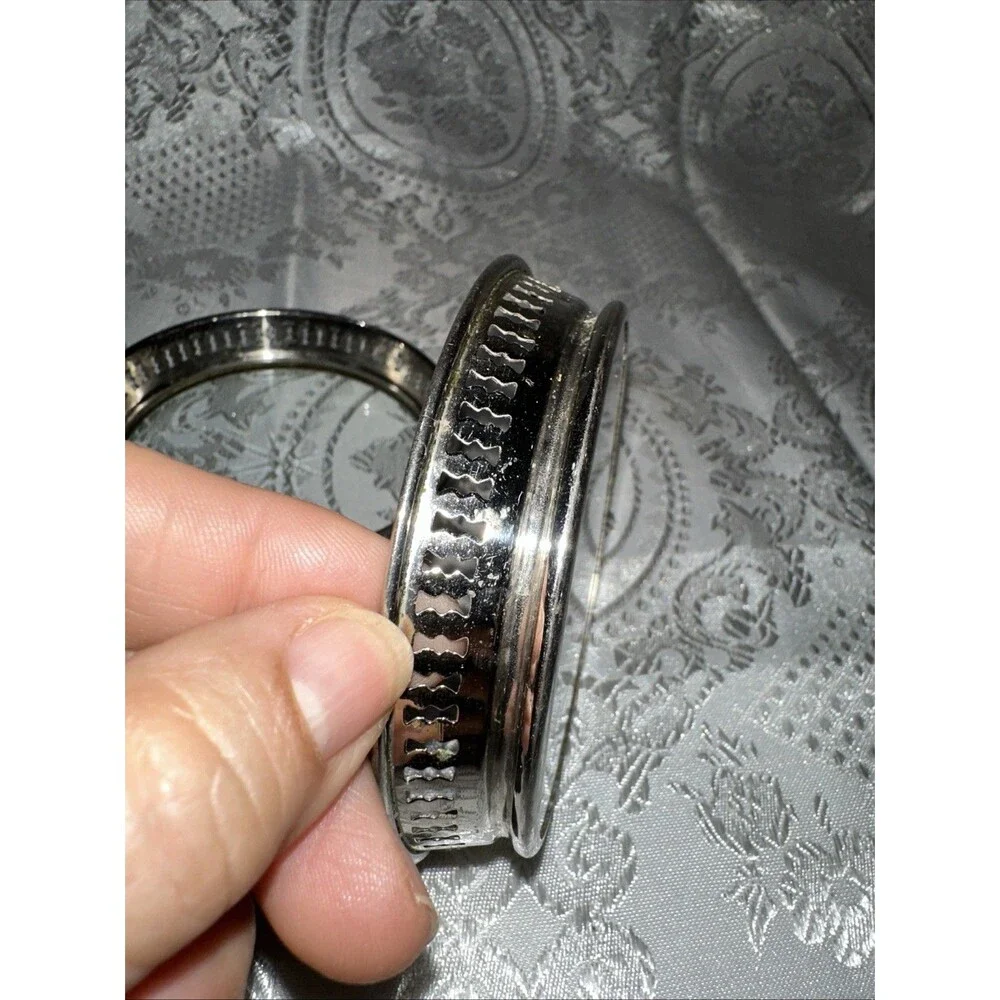 VINTAGE COASTERS WITH PIERCED METAL GALLERY & STAR-CUT GLASS BOTTOM SET OF 2